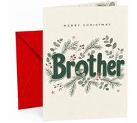 Christmas Card for Brother, “Merry Christmas Brother” Green Lettering with Winter Foliage, Pine Sprigs, Red Berries and Star Illustration