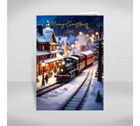 Christmas Card for Dad, Father - Vintage Steam Train at Snowy Station Night Scene, A5 Steam Locomotive Greeting Card with a Special Verse Inside: Dad Christmas Card