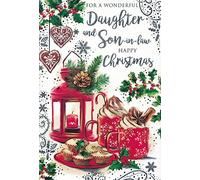 "Christmas Card for Daughter and Son-in-Law - Luxury 9x6 Inches Greeting Card with Festive Design, Red Lantern, Hot Chocolate & Holly - Happy Christmas Wishes"