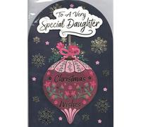 Christmas Card for Daughter - Large 24 x 16 cm - “To a Very Special Daughter” Pink Floral Bauble on Navy, Gold-Foil Snowflakes, Embossed Luxury Greeting