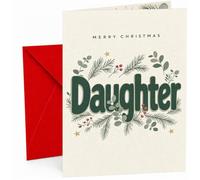 Christmas Card for Daughter, “Merry Christmas Daughter” Green Typography with Winter Foliage, Pine Sprigs, Red Berries and Star Illustration