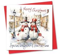 Christmas Card for Daughter & Son-in-law. Mr and Mrs Snowman Design. Eco-friendly & UK Made. Verse Inside. 150x150mm card size.
