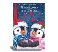 Christmas Card for Grandson and Partner, Penguin Design, 15 x 23 cm