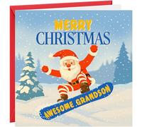 Christmas Card For Grandson. Christmas Xmas Greetings Card To Grandson Funny Santa On A Snowboard Father Christmas Snow Fun Design