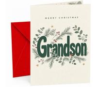 Christmas Card for Grandson, “Merry Christmas Grandson” Green Typography with Winter Foliage, Pine Sprigs, Red Berries and Star Illustration