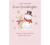 Christmas Card for Great Granddaughter Cute Bear with Snowman and Snowflakes Foil Finish Medium Size Christmas Greeting Card for a Very Special Great Granddaughter