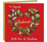 Christmas Card For Husband Christmas Cards To Husband Xmas Wreath Design Red 350gsm Hammered Card With Gold Foil & Gold Envelope