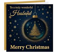 Christmas Card For Husband Christmas Greetings Card To Husband Navy Blue with Gold Foil Xmas Tree Decoration Bauble Design