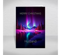 Christmas Card for Husband, Hubbie - Stunning Northern Lights over Snowy Mountains Winter Scene, A5 Deluxe Card with a Special Verse Inside: Husband Christmas Card