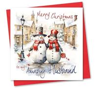 Christmas Card for Husband. Mr and Mrs Snowman Design. Eco-friendly & UK Made. Verse Inside. 148x148mm card size.