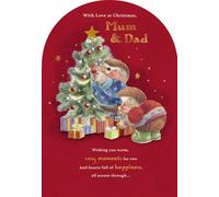 Christmas Card for Mum and Dad, Hedgehog Design with Christmas Tree, Red and Gold