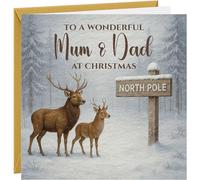 Christmas Card For Mum & Dad Hammered Card Xmas Greetings Card To Mum & Dad Beautiful Snow Scene Stag Deer Reindeer Design From Son or Daughter
