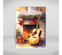 Christmas Card for Musicians/Guitar Players: Family & Friends - Acoustic Guitar by Fireplace Cosy Winter Scene for Musicians, A5 Deluxe Greeting Card with a Special Verse Inside: Christmas Card
