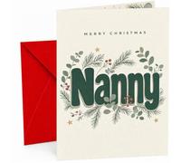 Christmas Card for Nanny, “Merry Christmas Nanny” Green Typography with Winter Foliage, Pine Sprigs, Red Berries and Gold Star Illustration