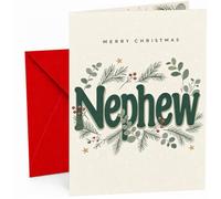 Christmas Card for Nephew, “Merry Christmas Nephew” Green Typography with Winter Foliage, Pine Sprigs, Red Berries and Gold Stars