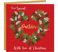 Christmas Card for Partner - Red Hammered 350gsm Card with Gold Foil & Gold Envelope - Christmas Card for Him or Her - Wreath Design