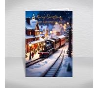 Christmas Card for Sister and Brother-in-Law, Couple - Vintage Steam Train at Snowy Station Night Scene, A5 Steam Locomotive Greeting Card & Special Verse: Sister and Brother-in-Law Christmas Card