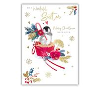 Christmas Card for Sister, Penguin & Bauble Design, Gold Foil, Made in UK