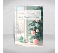 Christmas Card for Son and Daughter-in-Law, Couple - Contemporary Pastel Baubles & Winter Window Scene, A5 Deluxe Card with a Special Verse Inside: Son and Daughter-in-Law Christmas Card