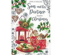“Christmas Card for Son and His Partner - Luxury 9x6 Inch Festive Greeting Card with Red Lantern, Hot Chocolate & Holly Design - Happy Christmas Wishes for Couples, Family & Loved Ones”