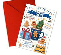 Christmas Card for Son - Cute Gingerbread and Gift Illustration, To My Amazing Son Holiday Greeting, Fun and Merry Xmas Card with Bright Festive Colors, Sweet Message from Parents Single 5.3''x8