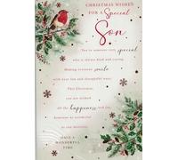 Christmas Card for Son - Large 9x6 Inch Special Son Card - Festive Robin & Holly Design - Luxury Quality Christmas Greeting Card with Verse Inside - From Mum & Dad, Parents, Family