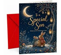 Christmas Card for Son, “To a Special Son With love at Christmas time” Moonlit Night Sky with Crescent Moon, Lantern Tree, Rabbit & Mouse Illustration
