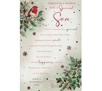 Christmas Card for Son, Traditional Robin and Holly Design, Large 24 x 16 cm, Festive Snowflakes