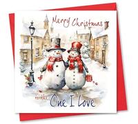 Christmas Card for the One I Love. Mr and Mrs Snowman Design. Eco-friendly & UK Made. Verse Inside. 150x150mm card size.