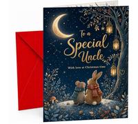 Christmas Card for Uncle, “To a Special Uncle With love at Christmas time” Moonlit Night Sky with Lantern Tree, Rabbit & Mouse Illustration