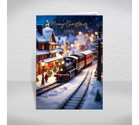 Christmas Card for Uncle - Vintage Steam Train at Snowy Station Night Scene, A5 Steam Locomotive Greeting Card with a Special Verse Inside: Uncle Christmas Card