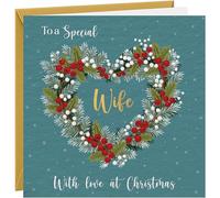 Christmas Card For Wife Christmas Cards To Wife Xmas Wreath Design Green 350gsm Hammered Card With Gold Foil & Gold Envelope For Her