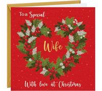 Christmas Card For Wife Christmas Cards To Wife Xmas Wreath Design Red 350gsm Hammered Card With Gold Foil & Gold Envelope For Her