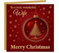 Christmas Card For Wife Christmas Greetings Card To Wife Metallic Red with Gold Foil Xmas Cards Tree Decoration Bauble Design From Husband