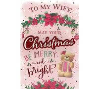 "Christmas Card for Wife - Large Romantic Holiday Greeting Card with 8-Page Insert, Festive Design with Teddy Bear & Poinsettias, Merry & Bright Love Card for Her"