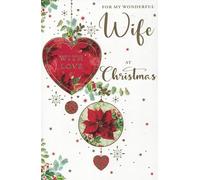 "Christmas Card for Wife - Luxury Large 9x6 Inch Greeting Card with Heart & Poinsettia Design, With Love Message - Elegant Festive Card for My Wonderful Wife at Christmas"