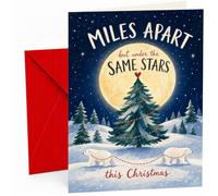 Christmas Card Miles Apart but under the Same Stars this Christmas - snowy night scene with polar bears, full moon and decorated tree