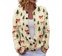 Christmas Cardigan for Women Funny Xmas Tree Print Jumpers Ladies Chunky Cable Printed Cardigans Leisure Going Out Coat for Autumn and Winter (Beige, XL)