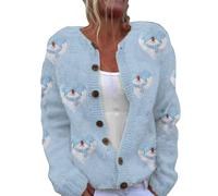 Christmas Cardigan Sweaters for Women Women's Single Plush Art Print Comfortable Knitted Cardigan for Indoor Outdoor Workout Xmas Gifts (Light Blue, XXXXL)