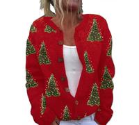 Christmas Cardigan Women Christmas Cardigans for Women UK Funny Xmas Tree Print Button Up Jumpers Open Front Warm Comfy Vintage Knitted Sweaters Fall Outfits Women's Fashion Clothes (F-Red, L)