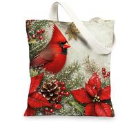 Christmas Cardinal Bird Canvas Tote Bag for Shopping 13 * 15, Luxury Xmas Poinsettia Reusable Grocery Bag for Women, Winter Work Travel Pattern Gift Decor