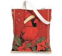 Christmas Cardinal Bird Canvas Tote Bag for Shopping 13 * 15, Vintage Xmas Poinsettia Reusable Grocery Bag for Women, Winter Travel Pattern Gift Decoration
