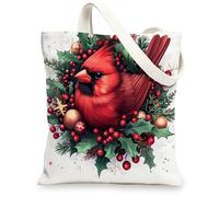 Christmas Cardinal Bird Canvas Tote Bag for Shopping 13 * 15, Xmas Hollies Berries Reusable Grocery Bag for Women, Winter Work Travel Pattern Gift Decor