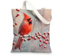 Christmas Cardinal Bird Canvas Tote Bag for Shopping 13 * 15, Xmas Snowy Tree Branch Reusable Grocery Bag for Women, Winter Work Travel Painting Gift Decor