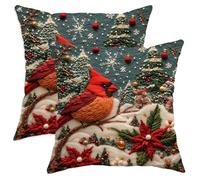 Christmas Cardinal Bird Pillow Cases Kit of 2, Soft Novelty Fun Xmas Forest Printing Throw Pillow Covers 16x16 Set, Winter Velvet Home Decor for Couch Living Room Bed