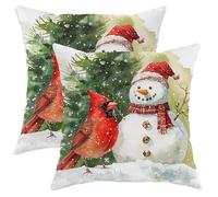 Christmas Cardinal Bird Throw Pillow Covers 12x12 Set of 2, Soft Comfy Fun Cute Xmas Snowmen Pillow Cases Kit, Winter Velvet Home Decorative for Couch Sofa Living Room Bed