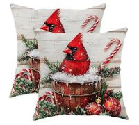 Christmas Cardinal Bird Throw Pillow Covers 16x16 Set of 2, Soft Comfy Cute Xmas Wood Hollies Pillow Cases Kit, Winter Velvet Home Decorative for Couch Sofa Living Room Bed