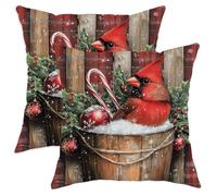 Christmas Cardinal Bird Throw Pillow Covers 20x20 Set of 2, Soft Farmhouse Plaid Xmas Pillow Cases Kit with Zipper, Winter Velvet Home Decor for Couch Sofa Living Room Bed