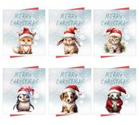 Christmas Cards | 30 Pack Xmas Cards Multipack | 6 Cute Animals In Christmas Hats Winter Animals Fox Rabbit Kitten Penguin Puppy and Badger, Festive Seasons Greetings For Children, Friends and Family