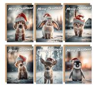 Christmas Cards Bulk Set | 20 Pack Cute Xmas Cards Multipack | 6 Unique Sweet Baby Animal Santa Hat Images, Seasons Greetings For Friends Family, Eco-friendly
